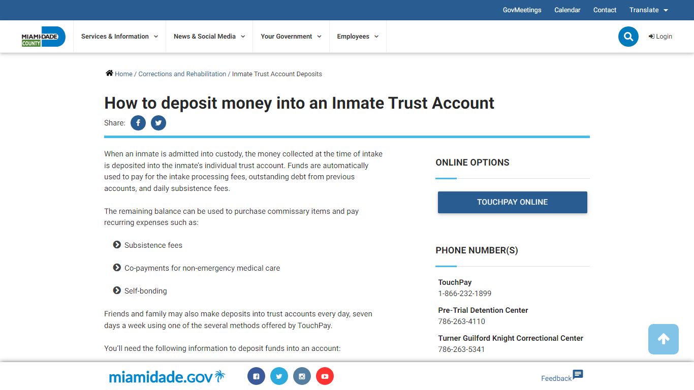 Inmate Trust Account Deposits - Miami-Dade County, Florida